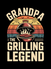Naklejka premium Grandpa the grilling legend kettle BBQ sausages retro sunset