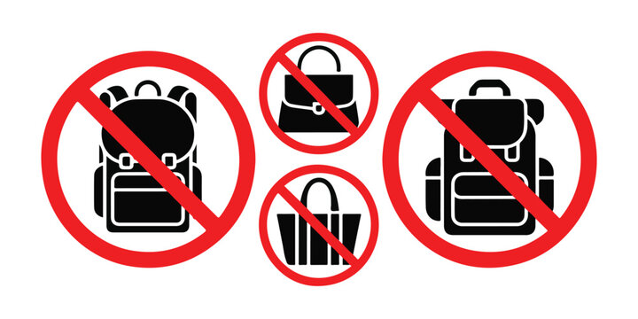 No backpack and bag prohibition sign set with red forbidden circles for security check control.