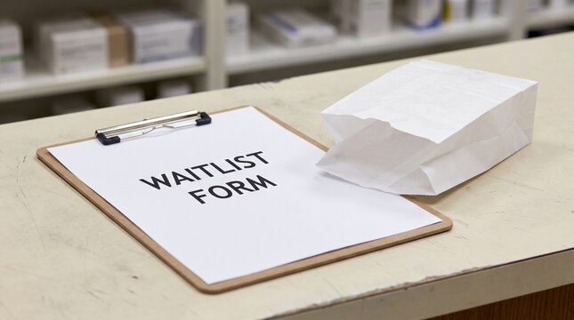 Waitlist form on clipboard beside empty prescription bag on pharmacy counter