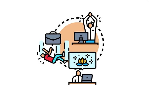 Professional experiencing exhaustion and finding stress relief at work, moving from overwhelm and falling down to stretching and meditating for mental health management