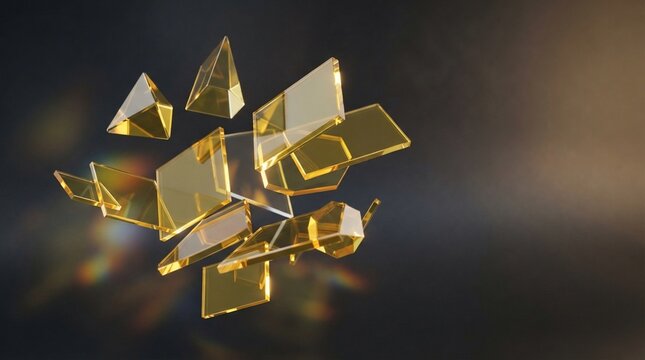 Abstract geometric cluster with golden transparency and light refractions