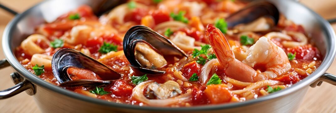 Delicious Seafood Paella with Shrimp, Mussels, and Calamari in a Stainless Steel Pan