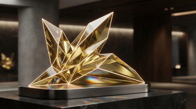 Abstract geometric crystal sculpture illuminated with golden light on a display stand