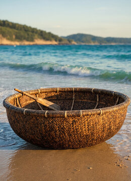 A round woven coracle-style basket boat sits on wet sand at the water's edge with a wooden paddle inside and gentle waves and distant shoreline in the background.