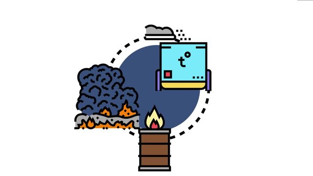 Icon set different methods of waste disposal, including open burning of trash and controlled temperature incineration, highlighting the widespread problem of pollution