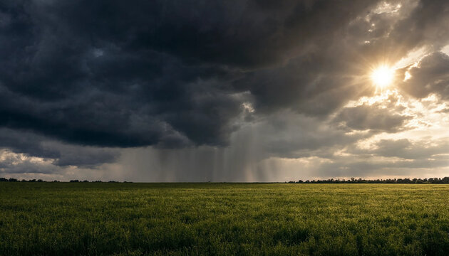 Dark storm clouds roll over a wide green field while shafts of rain fall in the distance and the sun breaks through dramatic cloud cover.