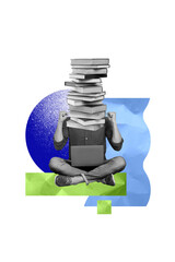 Fototapeta premium Vertical sketch 3d artwork collage poster of headless man book education stack cyber digital code surf laptop elearn concept arrow