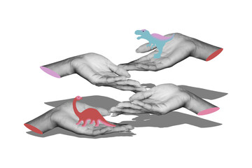 Trend artwork sketch image photo collage of four huge bodyless incognito hands arms appear open palm show hold toy small dino wild animal © deagreez