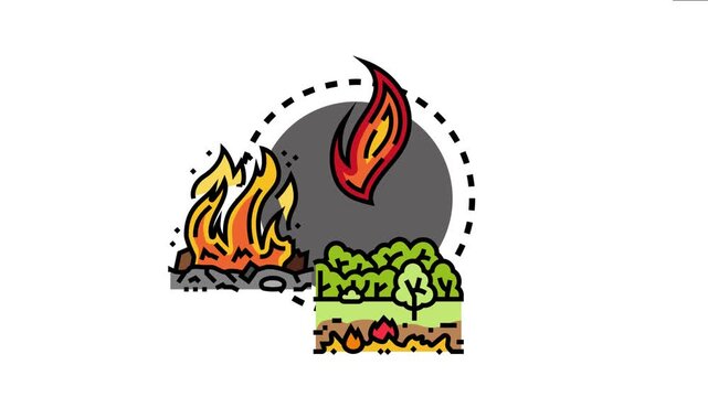 Burning ignition process depicting a flame starting a fire, an existing campfire, and a forest experiencing a wildfire, visualizing destructive heat and combustion