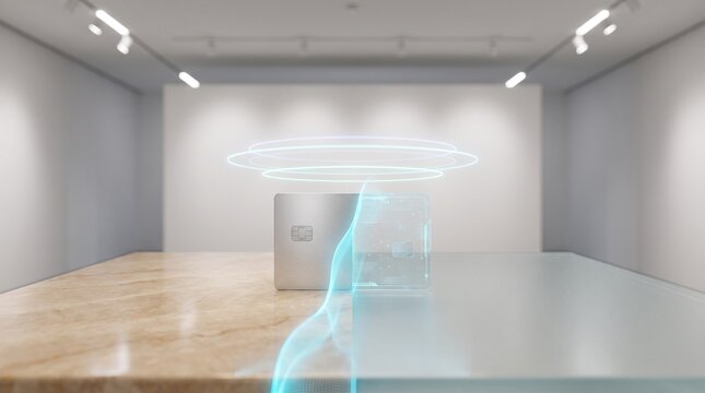 Minimal modern room with a glowing hologram and kiosk, illustrating payment processing, secure digital transaction, and contactless checkout.