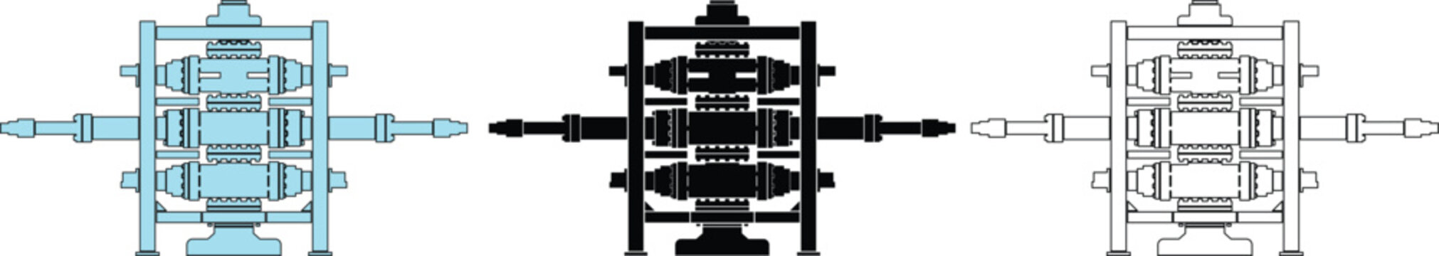 Oil and gas blowout preventer BOP stack vector illustration set in blue, silhouette, and outline styles
