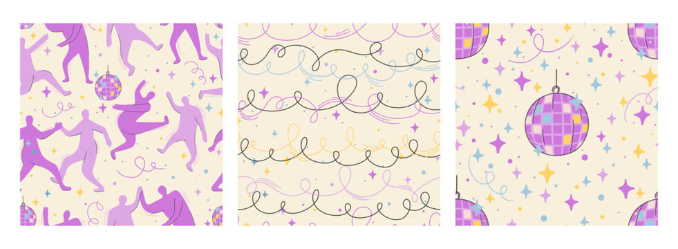 Disco Party Violet Seamless Pattern Set