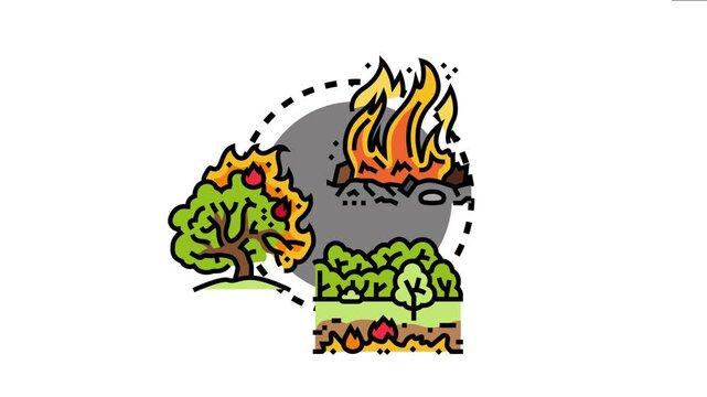 Fire concept featuring dangerous burning of a forest, a tree on fire, and land affected by severe heat, highlighting environmental hazard