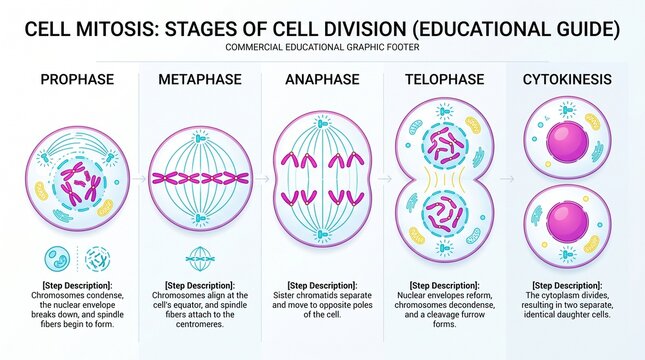 Educational infographic illustrating the process of cell mitosis and stages of division including prophase, metaphase, anaphase, telophase, and cytokinesis.
