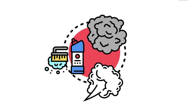 Cleaning supplies showing a scrubbing brush, detergent bottle, and a cloud of smoke or fumes, representing household hygiene and disinfection tasks