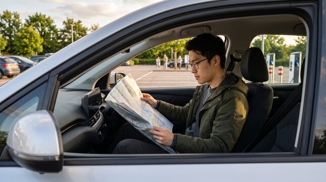 Young man reading a paper map in an electric car at a rest area