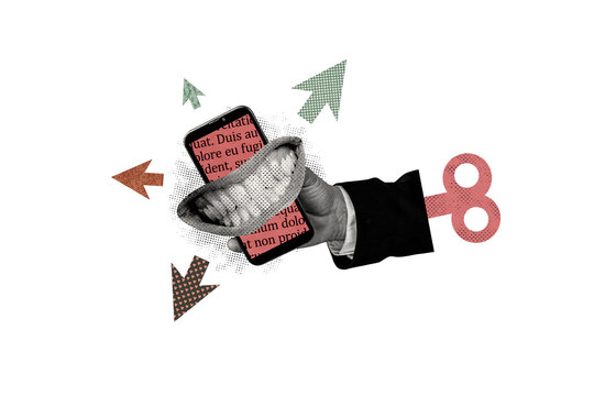 Composite photo collage of wind-up toy hand hold phone device faceless mouth grin cyberbully stereotype isolated on painted background