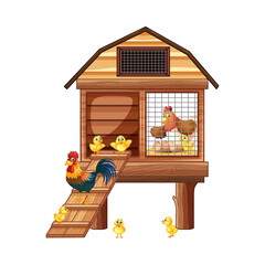 Cartoon vector illustration of a chicken coop with rooster hen and chicks © Nawang