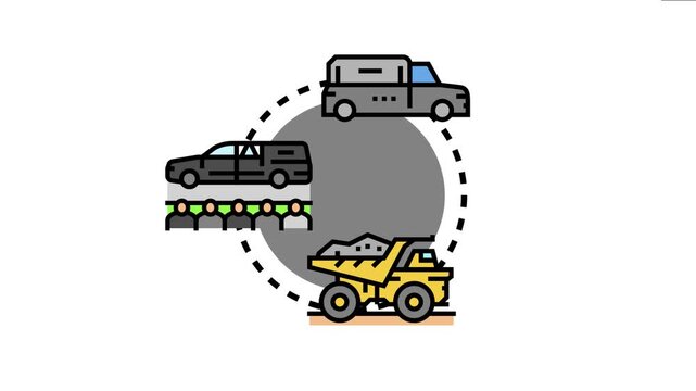 Burial service includes a hearse, casket transport, and a dump truck moving earth, representing professional funeral arrangements and cemetery work for grieving families