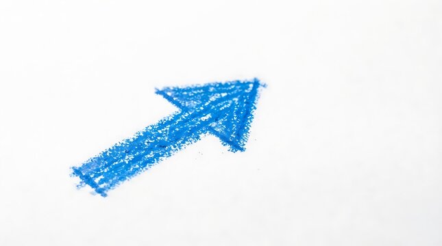 A single blue crayon drawing of an arrow pointing upwards on a clean white surface representing direction and simplicity