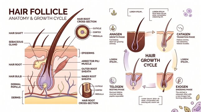 Detailed Infographic showing Hair Follicle Anatomy and Hair Growth Cycle including Anagen, Catagen, Telogen, and Exogen Phases