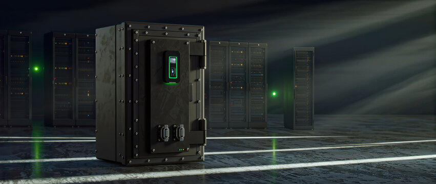Secure server cabinet with fiber stream and green light in data center
