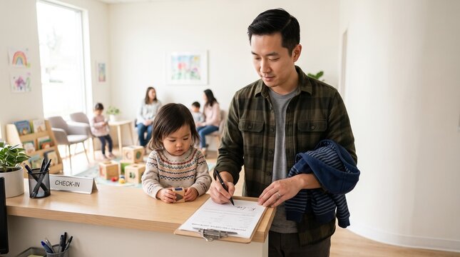 Father signs pediatric clinic check-in form at reception desk