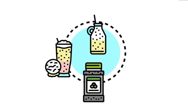 Assortment of fresh beverages, including a smoothie with a straw and a milkshake with ice cream, along with a jar of powder, various liquid refreshment and wellness options