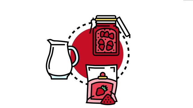 Recipe ingredients including a jar of strawberries, a pitcher of milk, and a package of strawberry powder representing stages of food preparation and meal creation