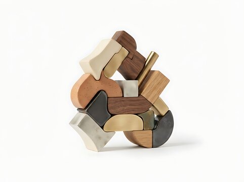 Abstract modular sculpture made of stacked geometric wooden and stone blocks