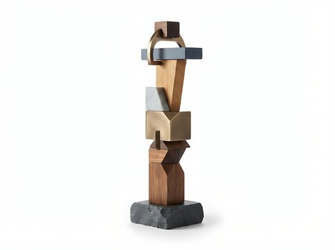 Abstract sculptural column of stacked wooden and stone blocks on white background