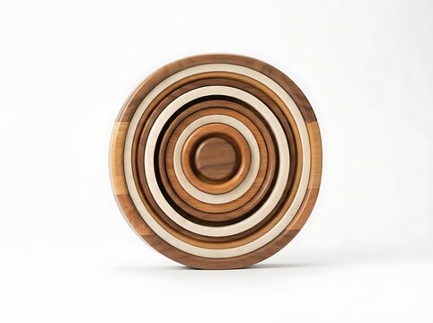 Abstract circular wooden sculpture with concentric rings on white background