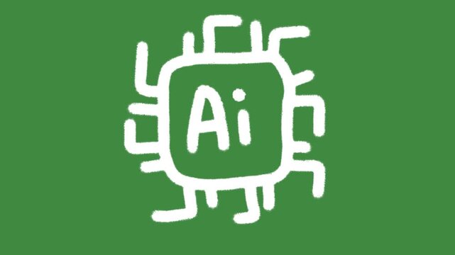 AI microchip artificial intelligence circuit hand-drawn cartoon graphic with chalk outline AI processor icon and creative machine learning CPU symbol isolated on green screen background.