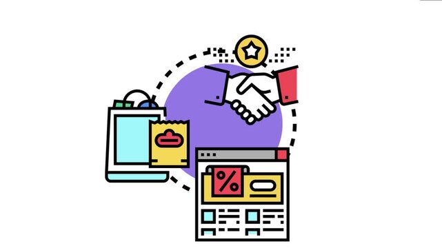 Bundle offers concept showing a handshake symbolizing agreement, shopping bags indicating products, and a browser window with discount percent for online sales and promotions