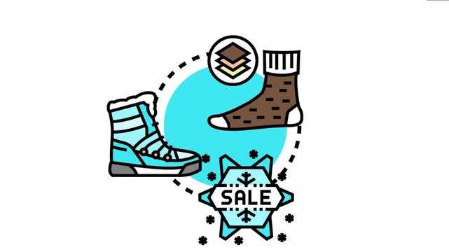 Winter clothes sale concept is warm apparel for cold weather, including a cozy boot, thick sock, and layered clothing icon, with a snowflake shaped season discount label