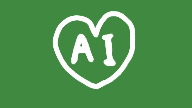AI heart artificial intelligence tech empathy hand-drawn cartoon graphic with chalk outline AI heart icon and creative ethical artificial intelligence symbol isolated on green screen background.