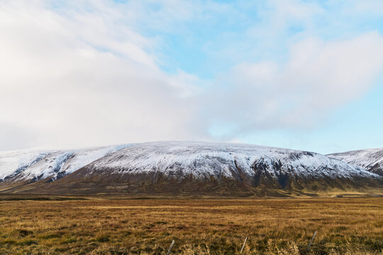Snow-capped mountain stands over expansive grassland