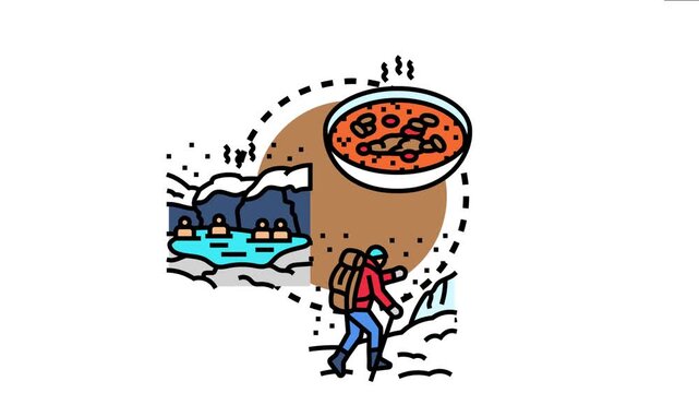Experiencing winter season adventures with warm comfort food, relaxing in natural hot springs, and enjoying mountain trekking in cold weather conditions