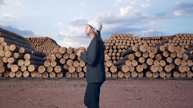 Side View of Asian Businesswoman Walking and Speech with Stacked timber logs pile at outdoor lumber yard