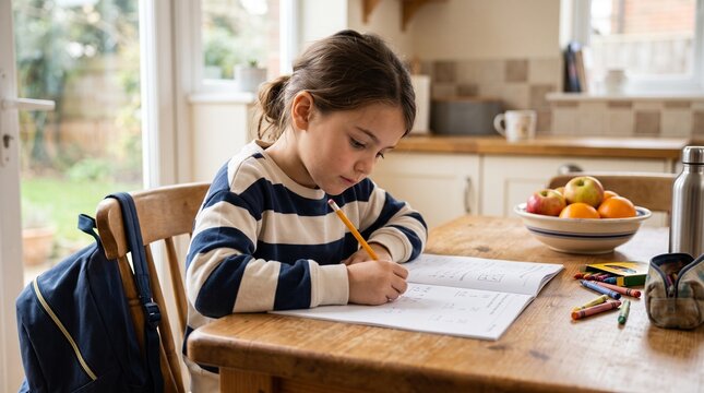 Schoolgirl works through math homework at a family kitchen table