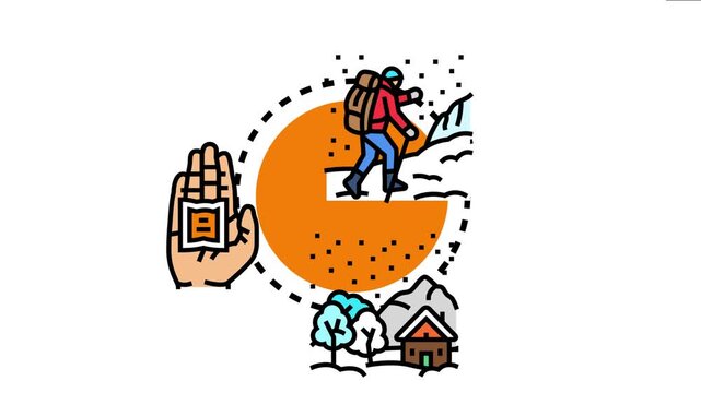 Person embarking on an outdoor winter adventure. Climbing a snowy mountain peak while carrying a backpack and using a walking pole