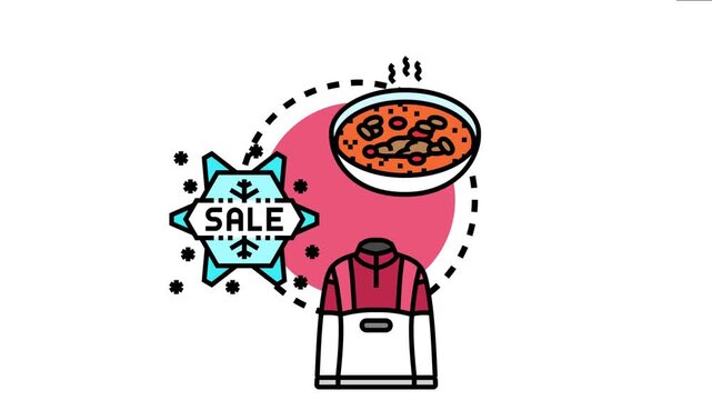 Winter season offering warm clothing promotions and comfort food, depicting a special sales event for cold weather essentials and hearty meals