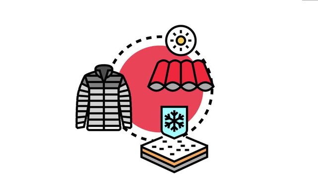 Cold weather protection concept visualizing warm layered clothing, insulation material with a snowflake icon, and a radiating sun symbol for warmth