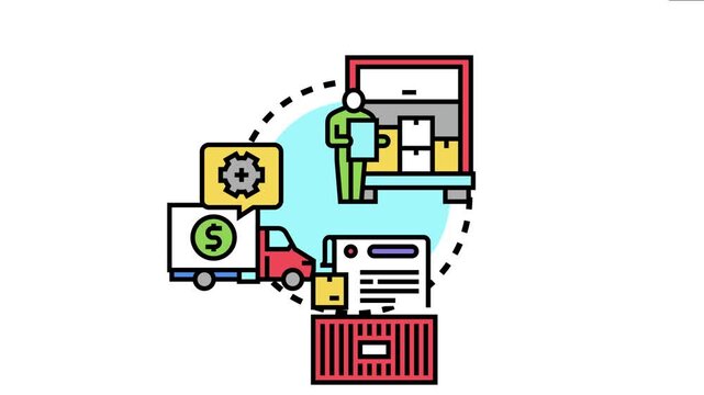Business person managing inventory with packages, truck transporting goods, and shipping container representing a comprehensive supply chain and service agreement for cost effective logistics