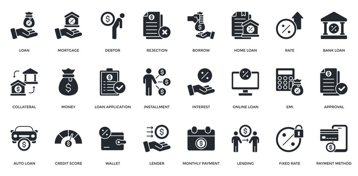 Loan Icon Set. Containing Mortgage, Debtor, Borrow, Collateral, Money, Loan Application, Installment, Interest, Auto Loan Icon. Simple Glyph Vector 