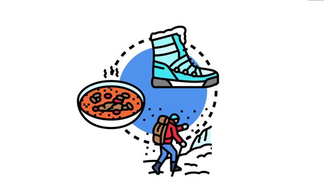 Outdoor enthusiast embracing winter activities. Staying warm with specialized winter boots. And enjoying a comforting hot meal