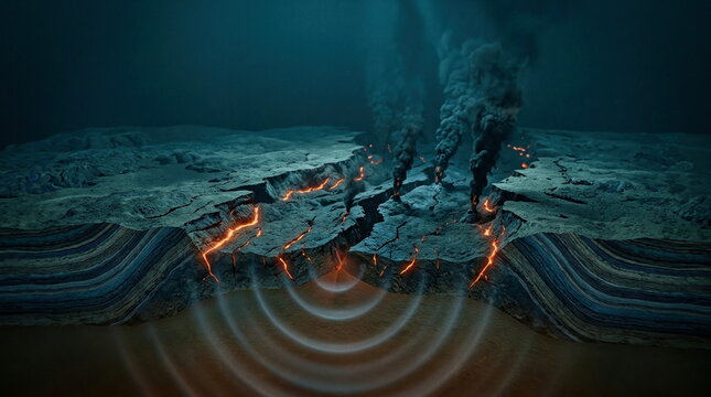 Seafloor rupture above a hidden fault line with bent strata, hydrothermal plumes, and seismic shockwaves through the mantle