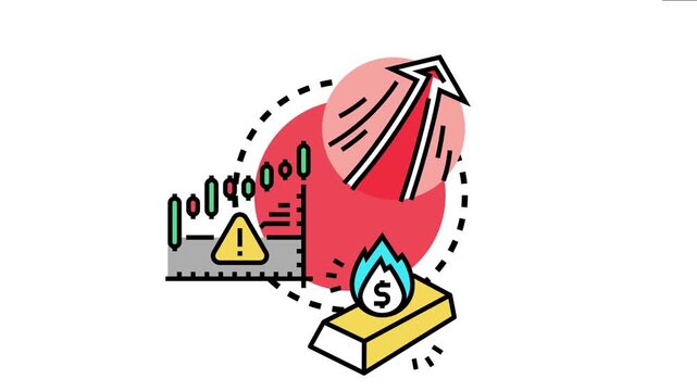 Bull market momentum concept financial growth with a rising arrow, candlestick chart, warning sign, and a gold bar burning with a dollar flame, depicting market trend potential