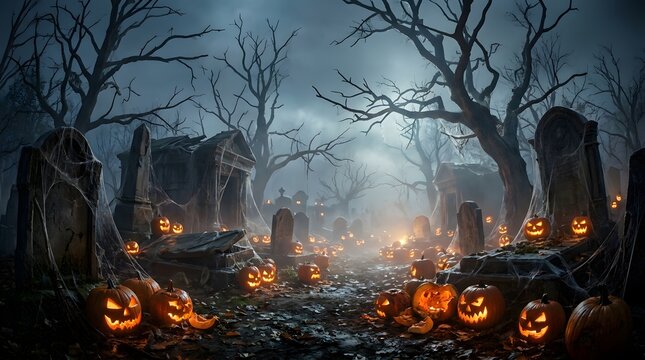 A spooky and atmospheric halloween background featuring glowing carved pumpkins in a misty graveyard with bare trees under a dark night sky for seasonal celebrations