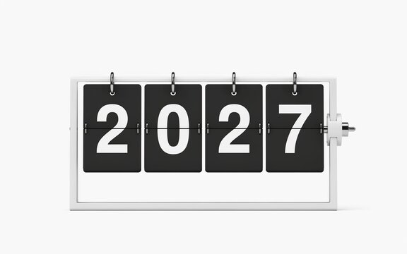 2027 year date on a black and white split-flap mechanical display board